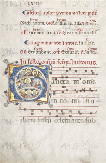 Leaf from a Gradual: Initial (G) with Christ, the Virgin, and Apostles, c. 1300. Creator: Unknown.