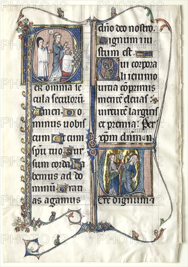 Leaf from a Missal with Two Historiated Initials: Initial P[er omnia saecula saeculorum]..., c. 1300 Creator: Unknown.