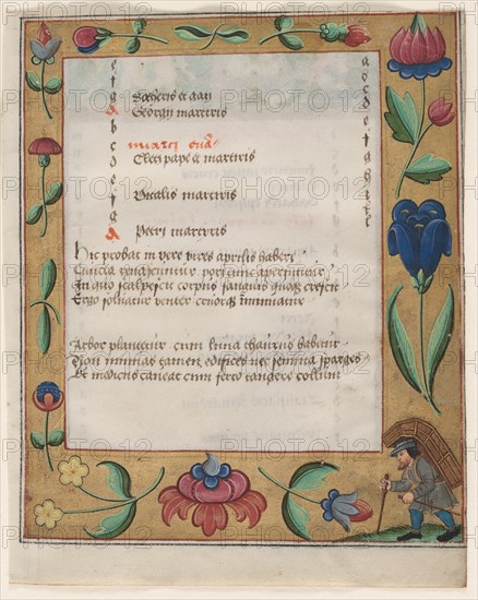 Leaf from a Psalter and Prayerbook: Calendar Page with Peasant (recto) and Calendar Page with Labors Creator: Unknown.