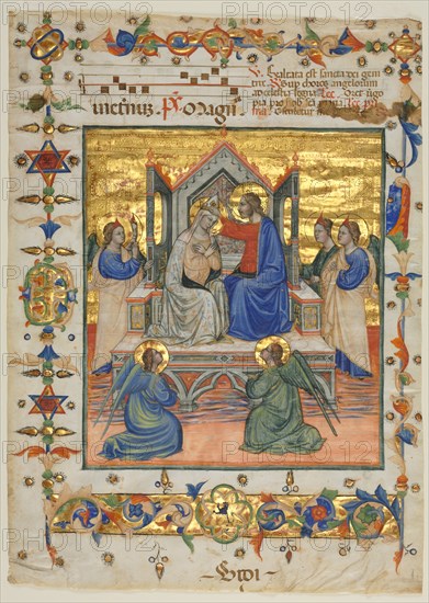 Leaf from an Antiphonary: Coronation of the Virgin, 1400s. Creator: Master of the Beffi Triptych (Italian, active 1390-1425), attributed to.