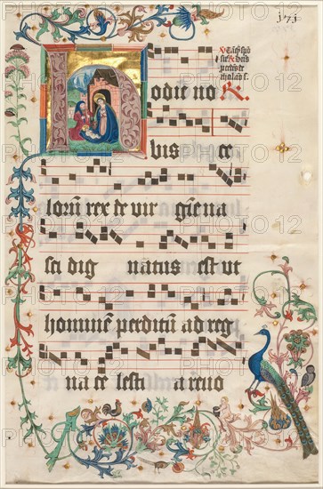 Leaf from an Antiphonary: Initial H with the Nativity (recto) and Text (verso), c. 1480. Creator: Unknown.