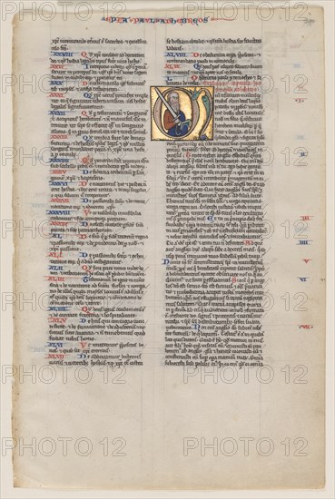 Leaf with Initial from a Latin Bible: Initial M: St. Paul with a Sword and a Book, c. 1220. Creator: Vienna Moralized Bible Workshop (French).