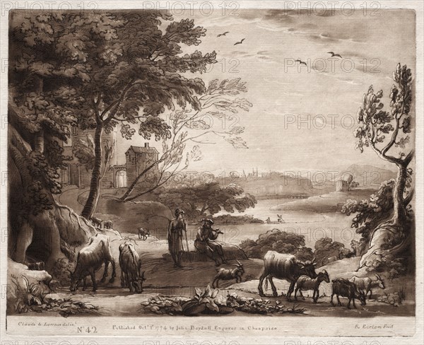 Liber Veritatis: No. 42, A River Landscape with a Shepherd and Shepherdess..., 1774. Creator: Richard Earlom (British, 1743-1822).