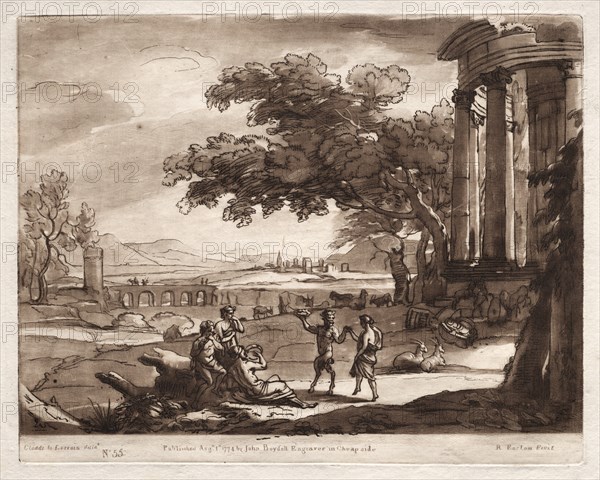 Liber Veritatis: No. 55, A Landscape with a Temple and a Nymph and Satyr Dancing, 1774. Creator: Richard Earlom (British, 1743-1822).