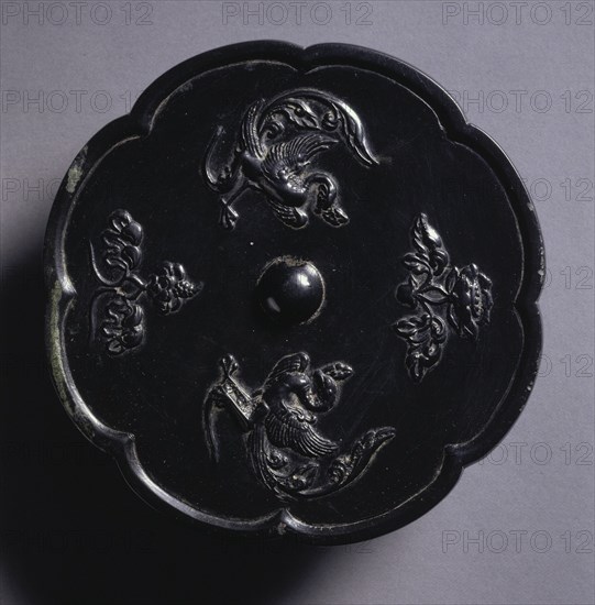 Lobed Mirror with Paired Phoenixes and Floral Displays, 700s. Creator: Unknown.