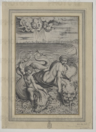 Love and Cupid Carried by Dolphins, 1500s. Creator: Marco Dente (Italian, c. 1486-1527).