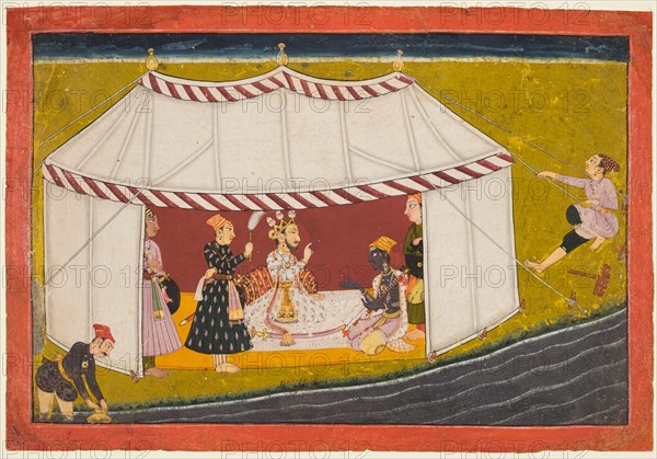 Madhava in a tent before a ruler, from a Madhavanala Kamakandala series, c. 1700. Creator: Unknown.