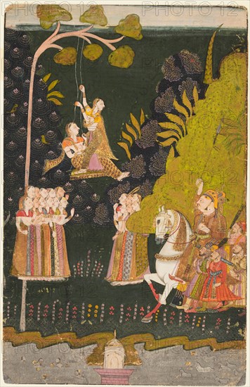 Maharaja Abhai Singh, Equestrian, Watching Girls Swinging at the Teej Festival, c. 1740. Creator: Unknown.