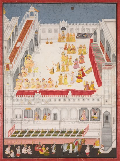 Maharana Jagat Singh Attending the Raslila, 1736. Creator: Jai Ram (Indian), attributed to ; Jiva (Indian), and/or.