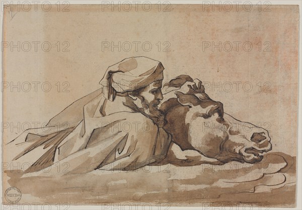 Man Clutching a Horse in Water, after Poussin's "Deluge" (recto), c. 1816. Creator: Théodore Géricault (French, 1791-1824).