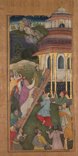 Mary ascends the stairs to the temple, from a Mir?at al-quds (Mirror of Holiness)..., 1602-1604. Creator: Unknown.