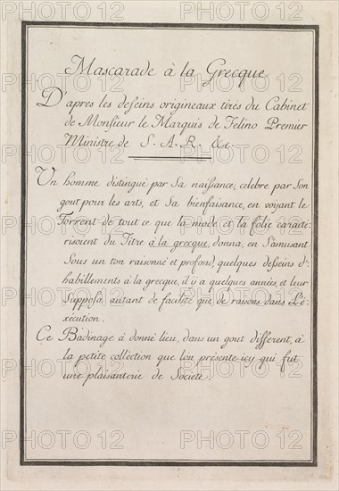 Mascarade à la Grecque: Title Page (Plate 1), 1771. Creator: Benigno Bossi (Italian, 1727-1792).