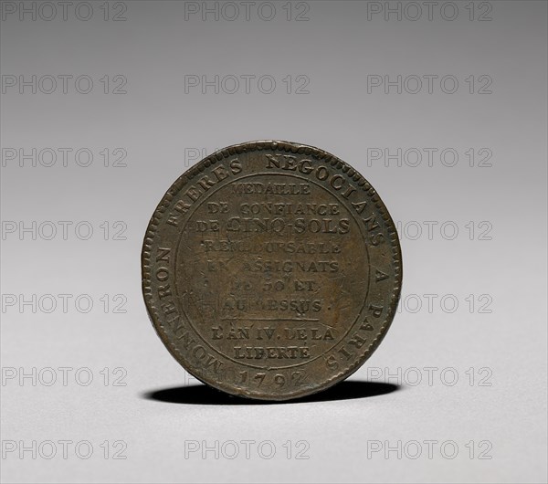 Medal: Five Sols issued by Monneron Brothers, Paris, 1792 (reverse). Creator: Jules Dupré (French, 1811-1889).