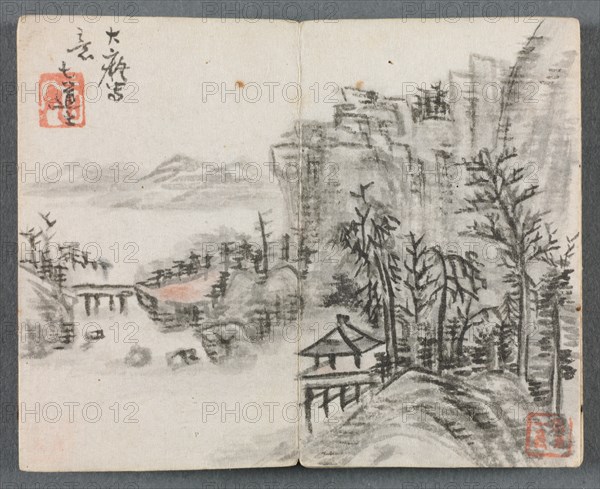 Miniature Album with Figures and Landscape (Cliff Landscape with Bridge), 1822. Creator: Zeng Yangdong (Chinese).