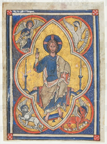 Miniature Excised from a Psalter: Christ in Majesty with Symbols of the Four Evangelists, c. 1235. Creator: Unknown.