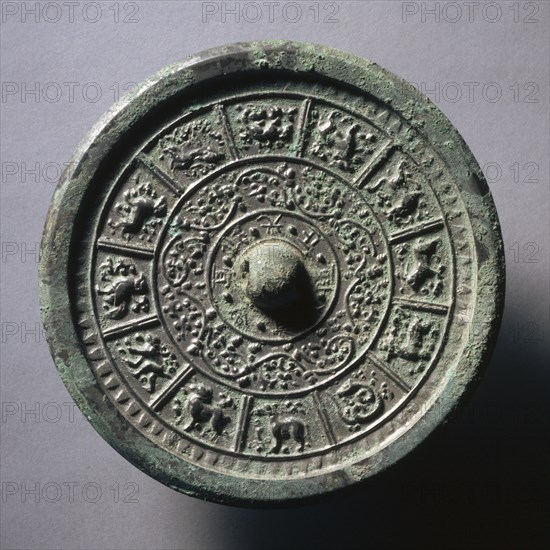 Mirror with Interlacing Floral Motifs and Twelve Zodiac Animals, late 6th-early 7th century. Creator: Unknown.