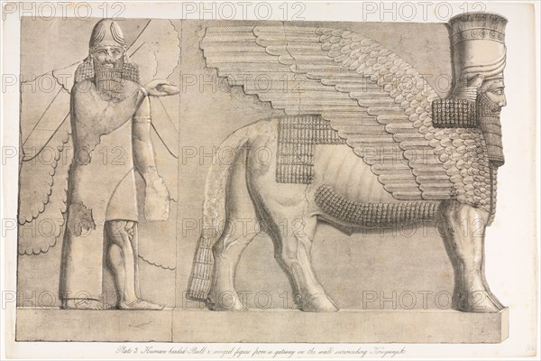Monuments of Ninevah: Plate 3, Human-headed Bull and Winged Figure..., 1853. Creator: Austen Henry Layard (British, 1817-1894).