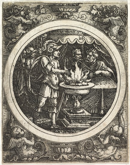 Mucius Scaevola Holding His Hand in the Fire, c. 1520. Creator: Hans Sebald Beham (German, 1500-1550).