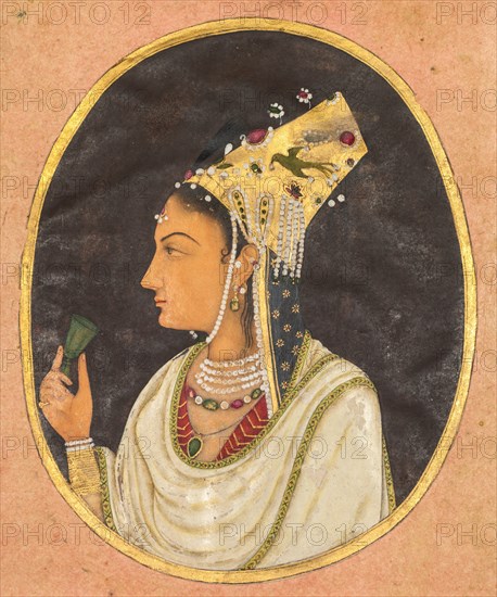 Oval portrait of a woman in a Chaghtai hat, c. 1740-50. Creator: Unknown.