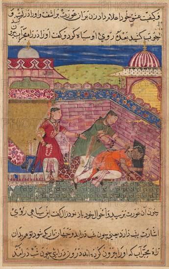 Page from Tales of a Parrot (Tuti-nama): Eighth night: The deceitful wife ejects..., 1558-1560. Creator: Shravana (Indian).