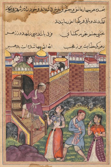 Page from Tales of a Parrot (Tuti-nama): Thirty-third night: The two couples reach?, c. 1560. Creator: Unknown.