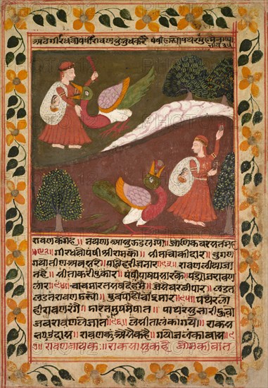 Page with Two Scenes of Sita's Abduction, from a Ramayana, c. 1745. Creator: Rikhaji (Indian).