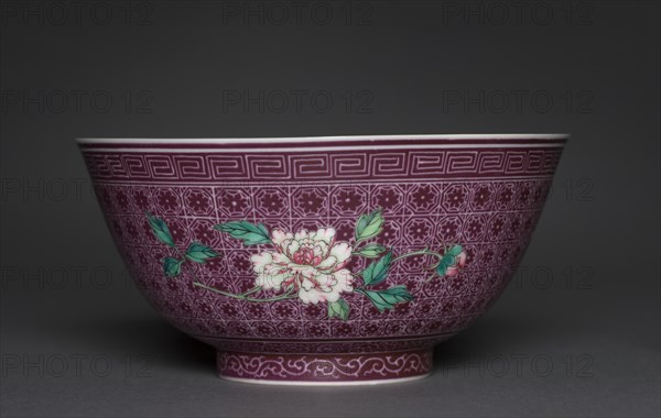 Pair of Bowls with Peony Sprays on Diaper Ground (exterior); Chrysanthemum Sprays (int), 1736-1795. Creator: Unknown.