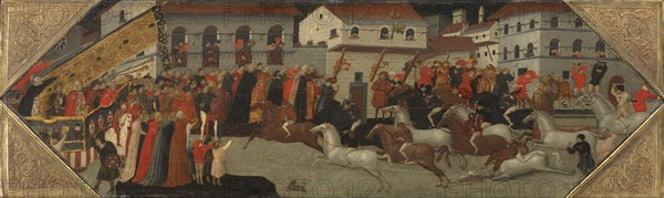 Panel from a Cassone: The Race of the Palio in the Streets of Florence, 1418. Creator: Giovanni Francesco Toscani (Italian, c. 1380-1430).