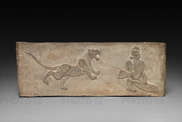 Panel from Model Cooking Stove: Lancer Jousting with a Tiger, 1st Century BC. Creator: Unknown.