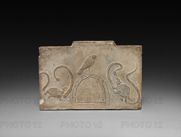 Panel from Model Cooking Stove: Raven Flanked by Snake-Entwined Tortoises, 1st Century BC. Creator: Unknown.