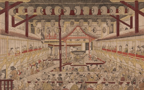 Perspective View of the Interior of the Nakamura Theater with Ichikawa Ebizo II as Yanone Goro, 1740 Creator: Okumura Masanobu (Japanese, 1686-1764).