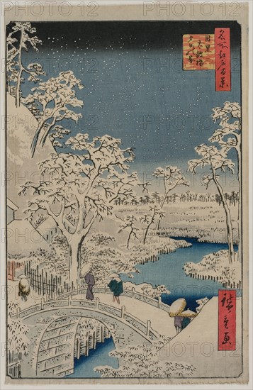 Picture of Twilight at the Drum Bridge in Meguro..., 1857. Creator: Ando Hiroshige (Japanese, 1797-1858).