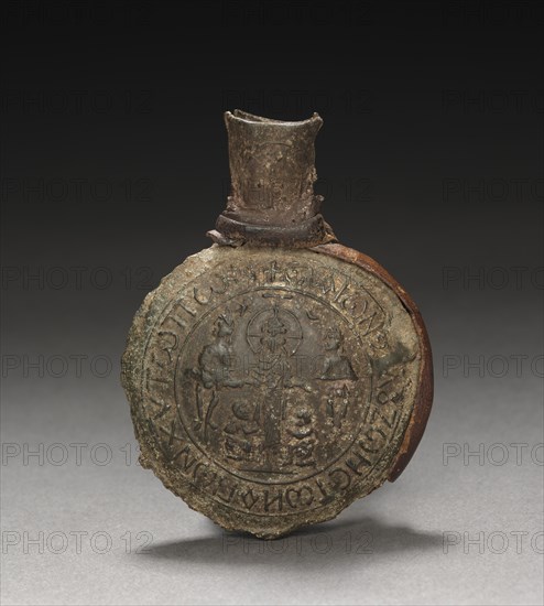 Pilgrim's Ampulla with Scenes of the Crucifixion (front) and the Ascension (back), c. 600. Creator: Unknown.