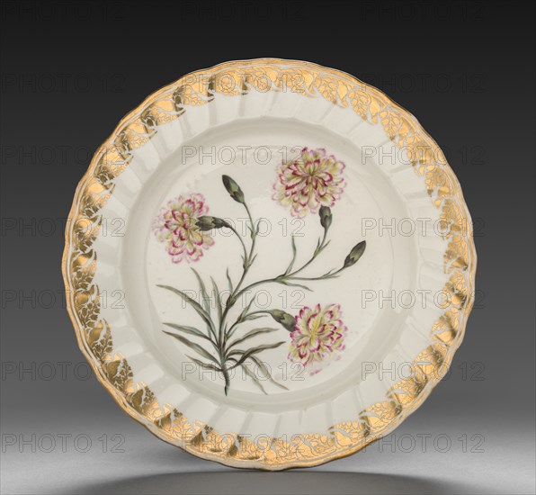 Plate from Dessert Service: Picatee Carnation, c. 1800. Creator: Derby (Crown Derby Period) (British).