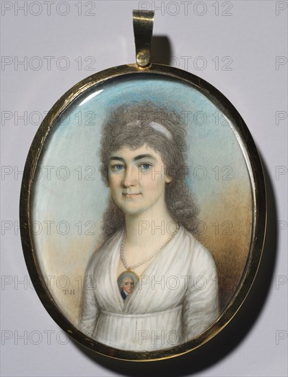Portrait of a Woman Wearing a Miniature, c. 1780. Creator: Thomas Hazlehurst (British, c. 1740-c. 1821).