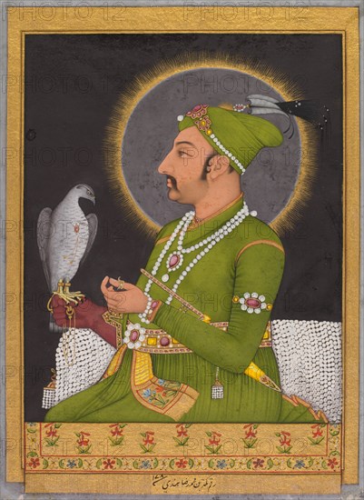 Posthumous portrait of the Mughal emperor Muhammad Shah (reigned 1719-1748)...(recto), 1764. Creator: Muhammad Rizavi Hindi (Indian, active mid-1700s); Mahmud ibn Ishaq al-Shahabi (Persian, active mid- to late 1500s).