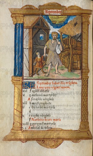 Printed Book of Hours (Use of Rome): fol. 10v, September calendar illustration, 1510. Creator: Guillaume Le Rouge (French, Paris, active 1493-1517).