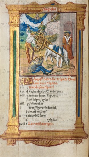 Printed Book of Hours (Use of Rome): fol. 9v, August calendar illustration, 1510. Creator: Guillaume Le Rouge (French, Paris, active 1493-1517).