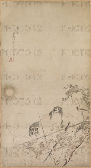 Puppies, Sparrows and Chrysanthemums, 1754-1799. Creator: Nagasawa Rosetsu (Japanese, 1754-1799).