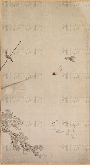 Puppies, Sparrows and Chrysanthemums, 1754-1799. Creator: Nagasawa Rosetsu (Japanese, 1754-1799).