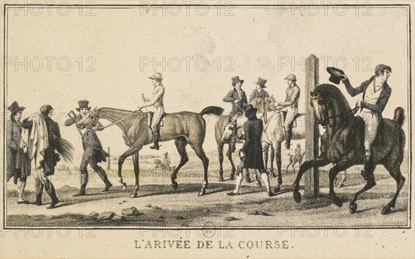 Racing Scenes: A Horse Arriving at the Race (Scènes Hippiques: Cheval arrivant de la chasse). Creator: Carle Vernet (French, 1758-1836); Jazet and Aumont.