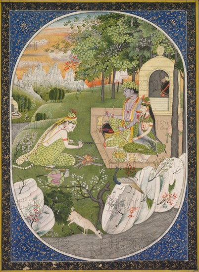 Rama, Sita and Lakshmana in the Forest, page from the Ramayana (Tales of God Rama), c. 1830. Creator: Unknown.
