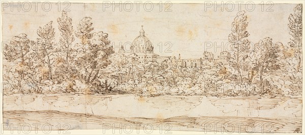 River Landscape with View of St. Peter's Basilica, after 1660. Creator: Giovanni Francesco Grimaldi (Italian, 1606-1680), circle of.
