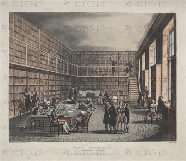 Royal Institution, Albemarle Street, 1809. Creator: Thomas Rowlandson (British, 1756-1827); Augustus Charles Pugin (British, 1762-1832), and.