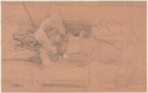 Sarah Bernhardt Reclining on a Divan, Reading, c. 1885-1890. Creator: Georges-Jules-Victor Clairin (French, 1843-1919).