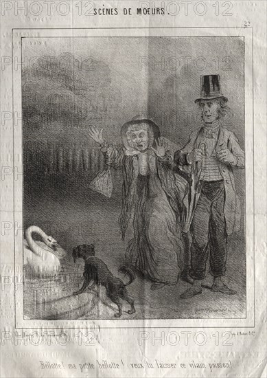 Scènes de moeurs: Bellotte! ma petite Bellote! veux-tu laisser ce vilain poisson!. Creator: Charles Joseph Traviès de Villers (French, 1804-1859).