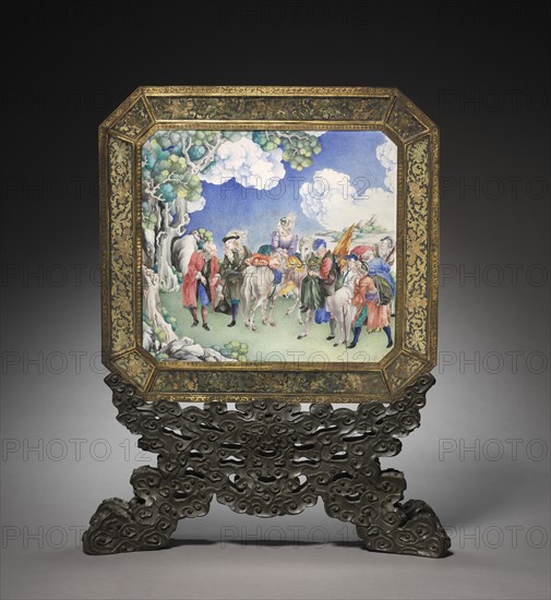 Screen with European Figures (obverse) and Landscape (reverse) with Stand, 1736-1795. Creator: Unknown.