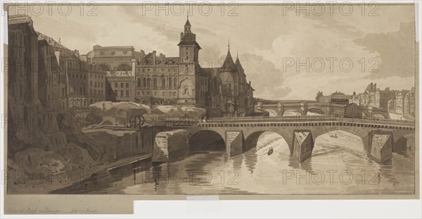 Selection of Twenty of the Most Picturesque Views in Paris:View of Pont au Change, 1802. Creator: Thomas Girtin (British, 1775-1802); Frederick Christian Lewis (British, 1779-1856).