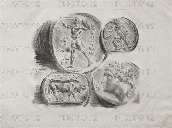 Sheet of Four Antique Medals, 1825. Creator: Eugène Delacroix (French, 1798-1863).