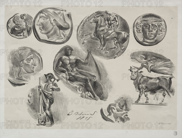 Sheet with Nine Antique Medals, 1825. Creator: Eugène Delacroix (French, 1798-1863); L'Artiste.